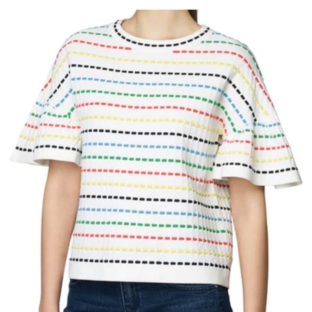 Etcetera White Flutter Sleeve Sweater Black Yellow Red Green Blue Stripe Size XS